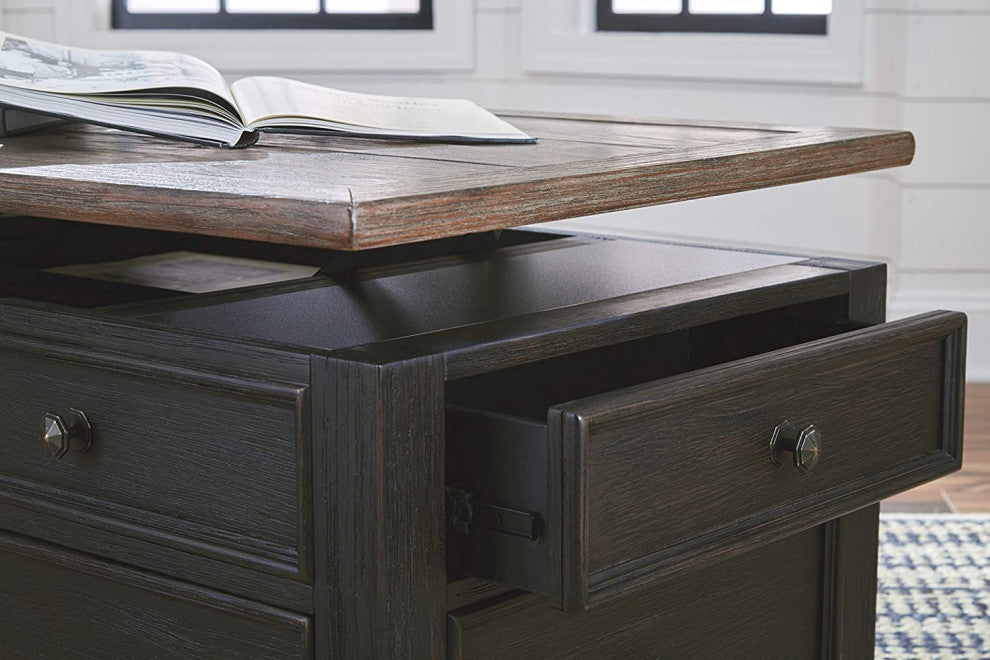 Farmhouse Coffee Table, Drawers With Raised Edges and Lift Up Top, Brown/Black