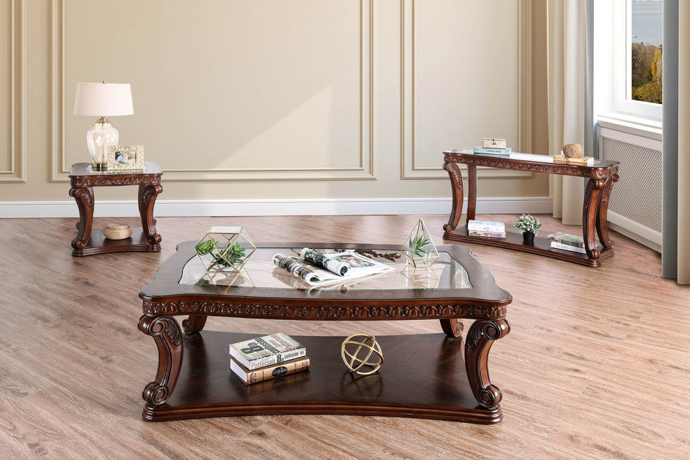 Tempered Glass Sofa Table, Dark Oak