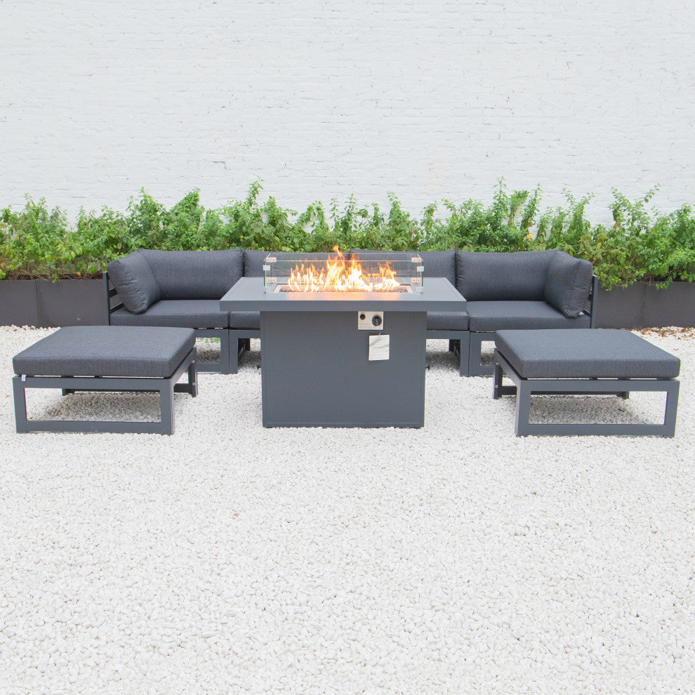 LeisureMod Chelsea 7-Piece Outdoor Sectional With Fire Pit Table, Black