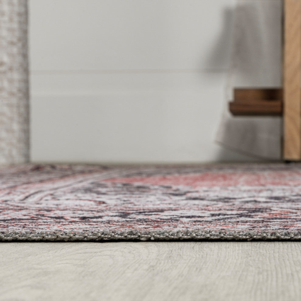 Bausch Distressed Chenille Washable Dark Pink/Black/White 5 ft. x 8 ft. Area Rug