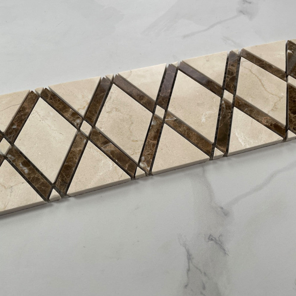 Crema Marfil Marble Lattice Diamond Mosaic Border Listello Tile Polish, 1 sheet