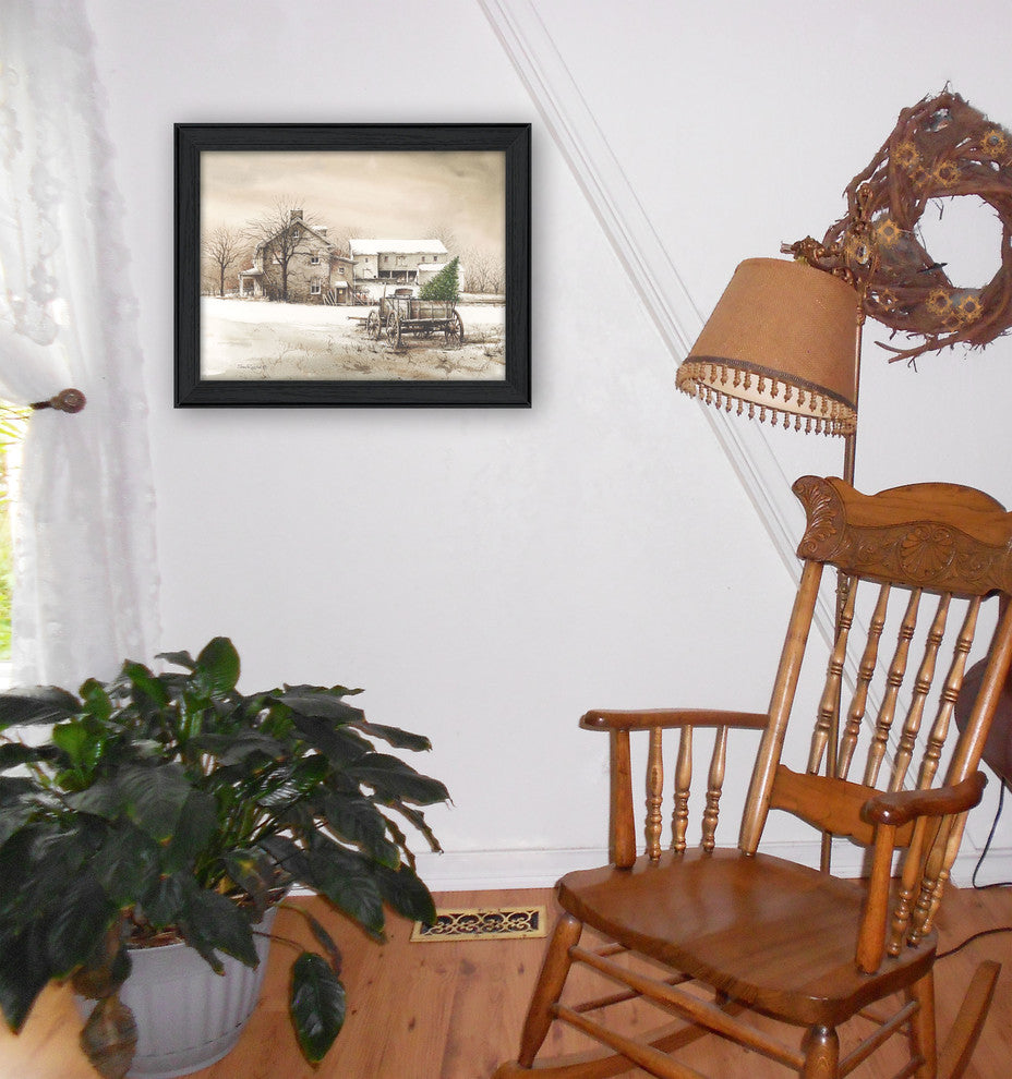 "Bringing Home the Tree" By John Rossini, Printed Wall Art, Black Frame