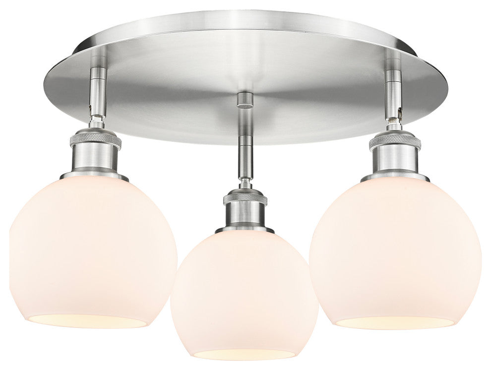 Athens-3 Light 18" Flush Mount-Satin Nickel, Matte White Glass Shade