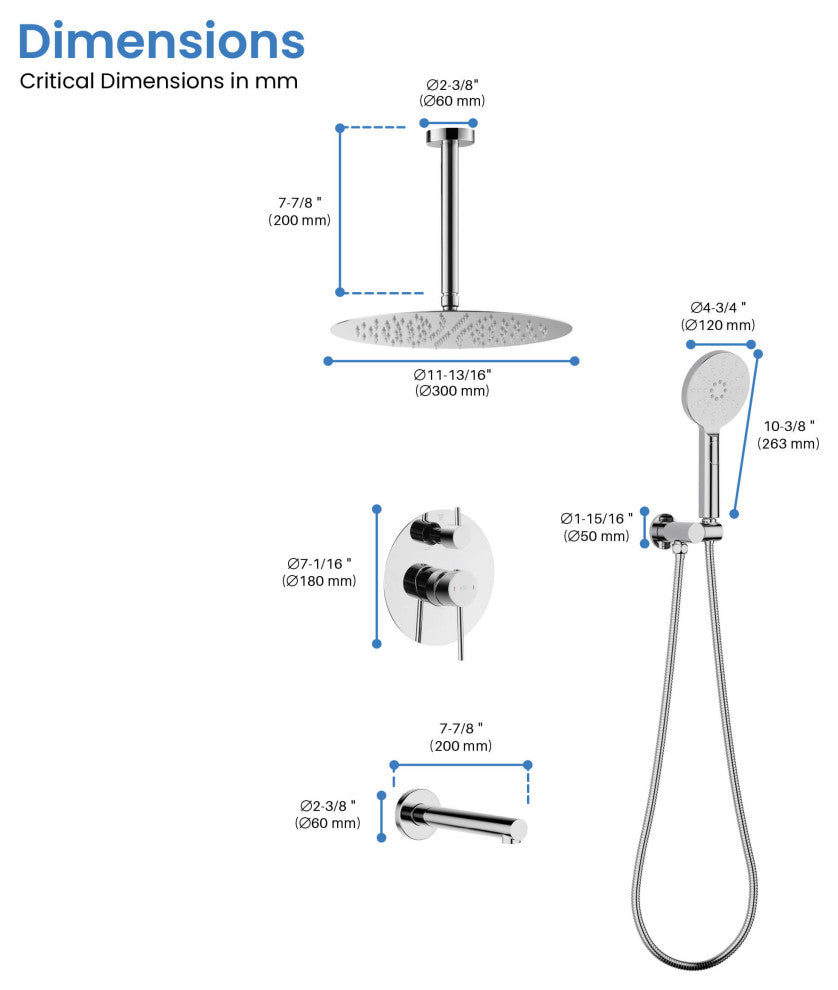 Ceiling Mounted 3-Function Shower System, Rough, Valve, Chrome