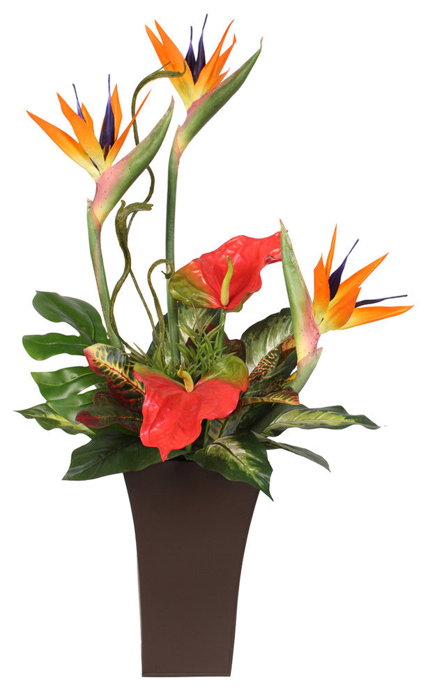 Large Silk Bird Of Paradise and Anthurium in Tall Metal Container