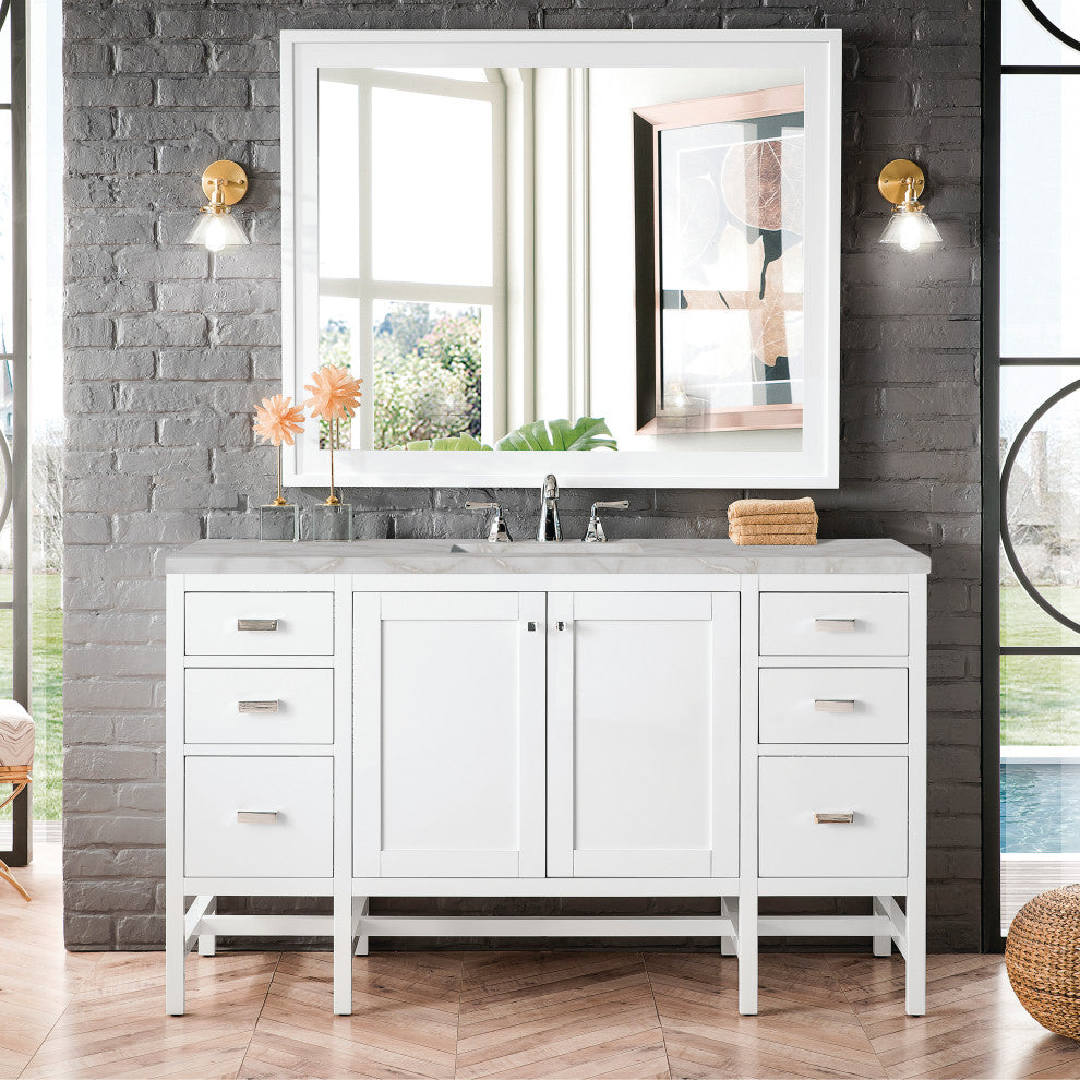 Addison 60" Single Vanity Cabinet, Glossy White, Glossy White, Victorian Silver, 3-Hole