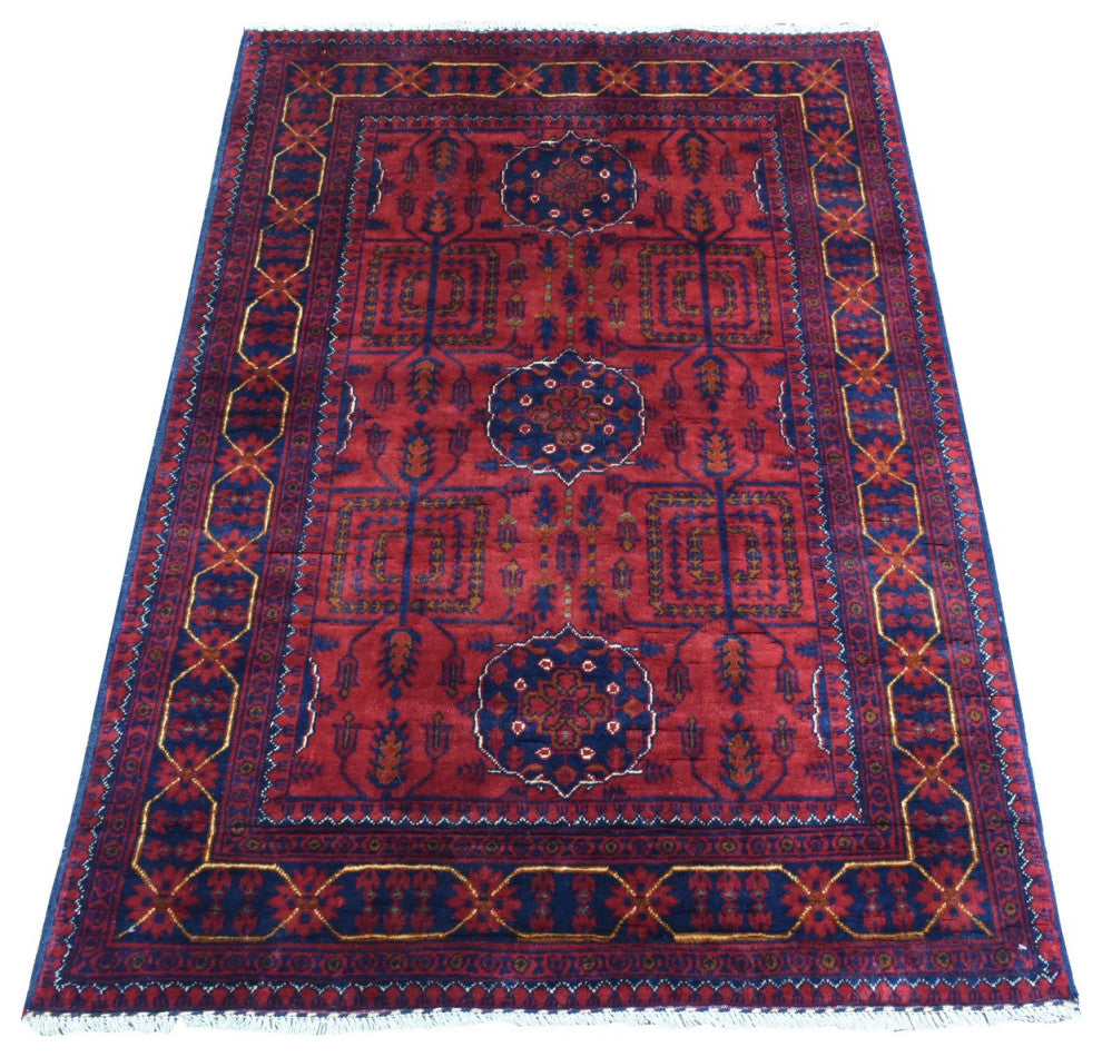 Deep and Saturated Red, Afghan Khamyab, Soft Wool Hand Knotted Rug, 3'4"x4'9"