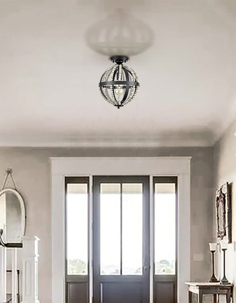 Vintage Globe Semi Flush Mount Lighting, Boho, Wood Ceiling Light Fixture