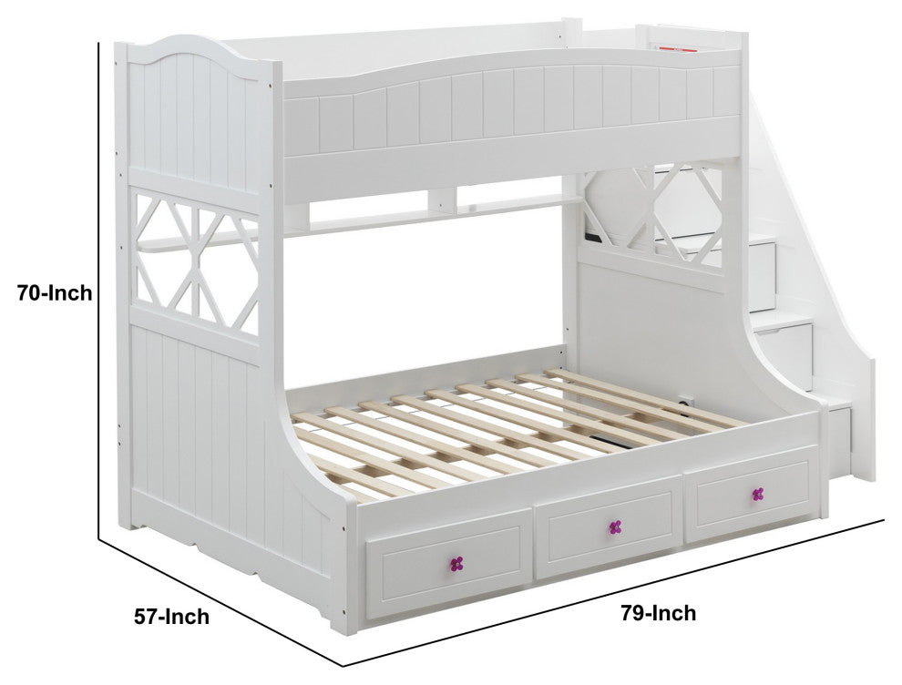 Benzara BM235366 Wooden Twin Over Full Bunk Bed With 3 Drawers, White