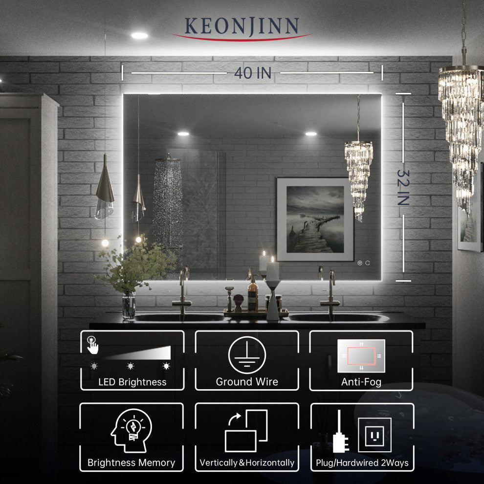 Backlit LED Mirror for Bathroom, Anti-Fog Dimmable, Silver, 40x32