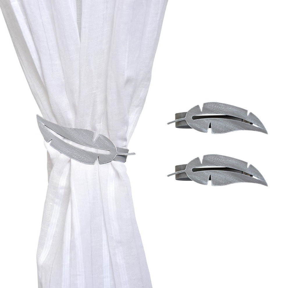 Metal Feather Curtain Tiebacks with Magnetic Closure "“ No Installation Needed, Gray, Pack of 2