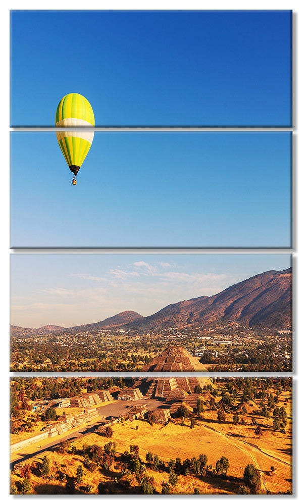 Large Yellow Balloon over Mountains, Landscape Canvas Art, 28"x48", 4 Panels