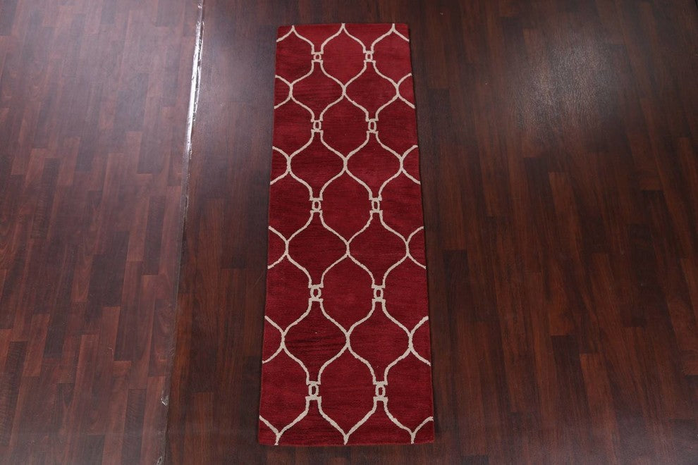 Hand-Tufted Agra Indian Oushak Oriental Wool Area Rug, Trellis, Runner 8'