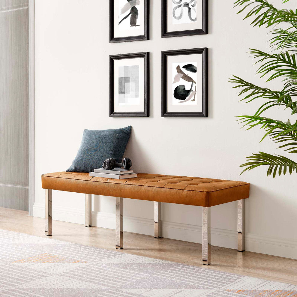 Loft Tufted Large Upholstered Faux Leather Bench Silver Tan