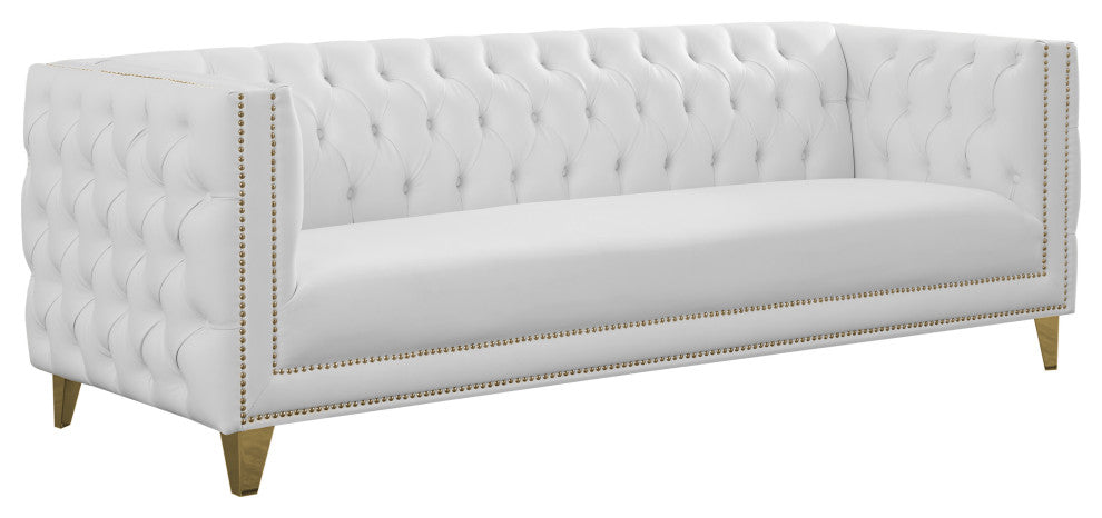 Michelle Fabric Upholstered Chair, Gold Iron Legs, White, Vegan Leather, Sofa