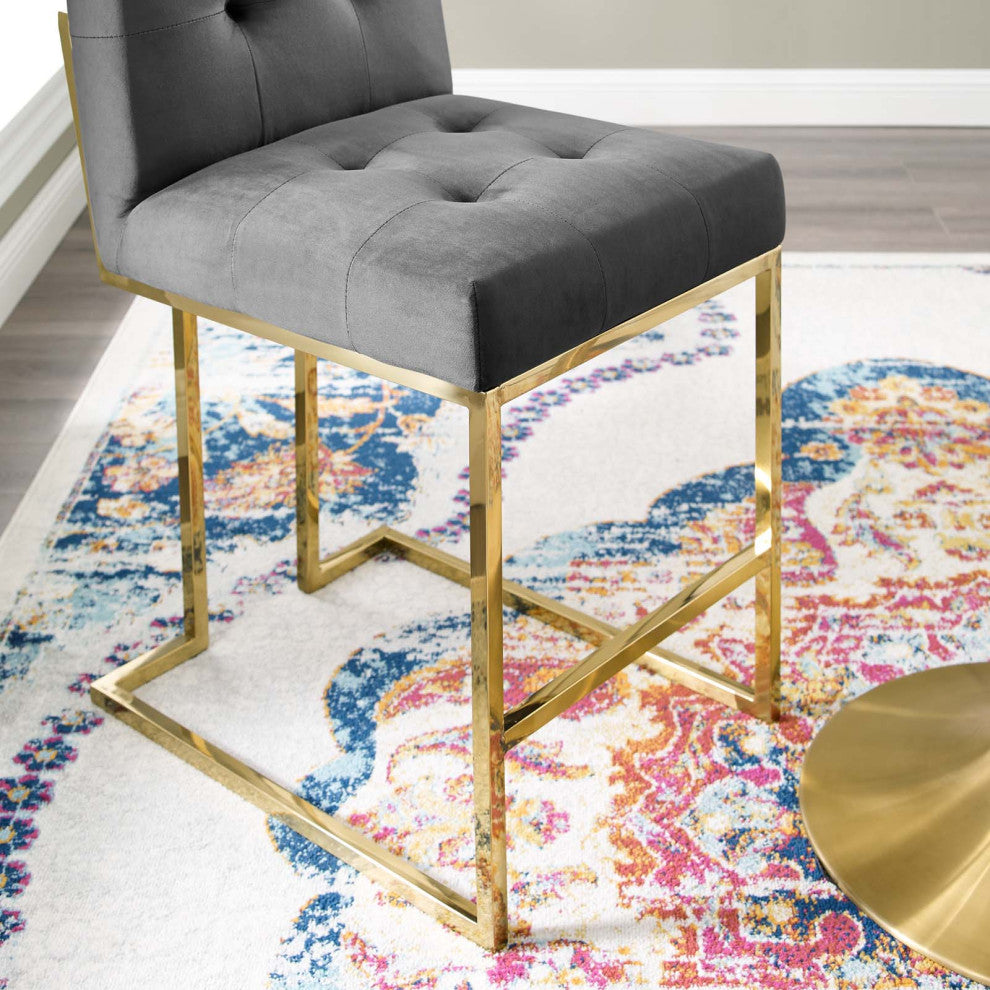 Counter Stool Chair, Velvet, Metal, Gold Gray, Modern, Bar Pub Cafe Bistro