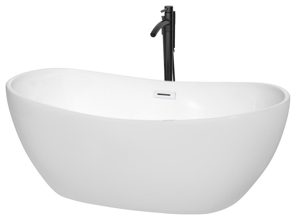 Rebecca 60 to 70" Freestanding Bathtub with options, Shiny White Trim, 60 Inch, Floor Mounted Faucet in Matte Black