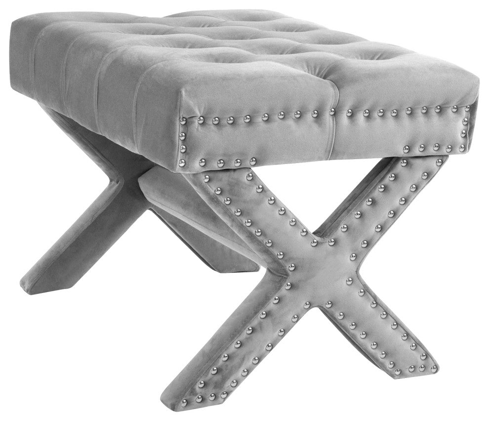 Paola Velvet Button Tufted Silver Nailhead Trim X-Leg Ottoman, Light Gray