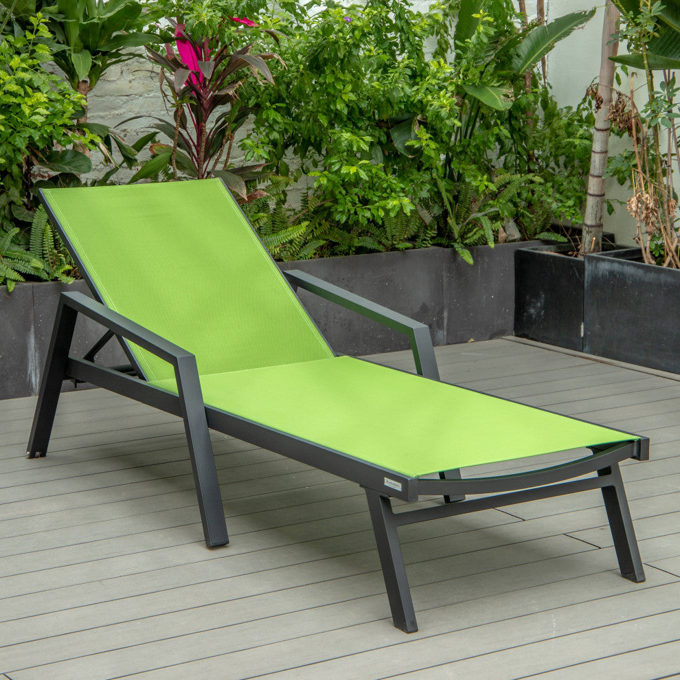 LeisureMod Marlin Chaise Lounge Chair With Arms and Fire Pit Table, Green