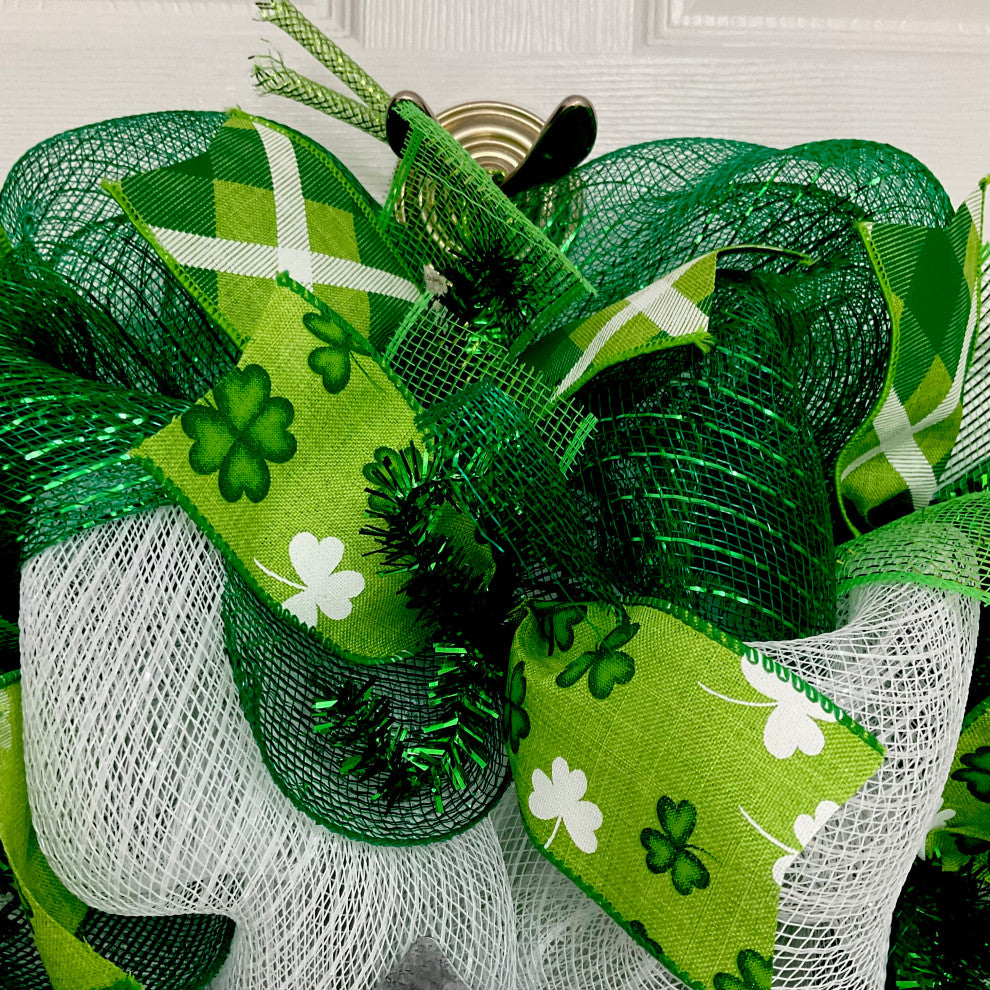 Happy St Patrick"™s Day With Hammered Metal Accent Handmade Deco Mesh Wreath