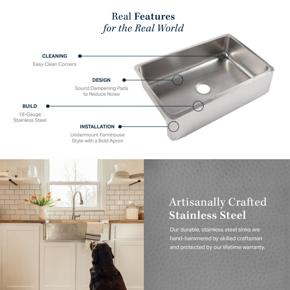 Lange Stainless Steel 32" Single Bowl Farmhouse Undermount Kitchen Sink, Brushed Stainless Steel