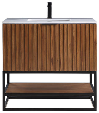 Terra Bathroom Vanity, Walnut/Matte Black With White Quartz, 36", White Quartz Top