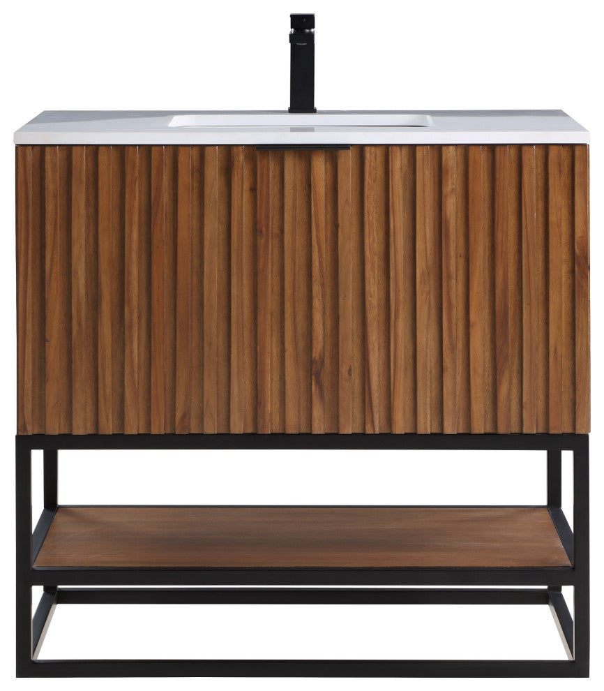 Terra Bathroom Vanity, Walnut/Matte Black With White Quartz, 36", White Quartz Top