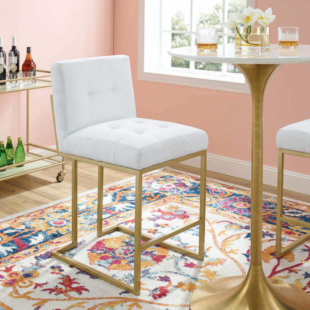 Counter Stool Chair, Fabric, Metal, Gold White, Bar Pub Cafe Bistro Restaurant