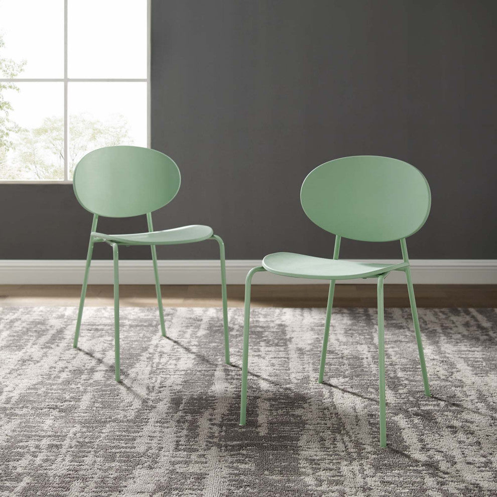 Side Dining Chair, Set of 2, Plastic, Metal, Green, Modern, Bistro Restaurant