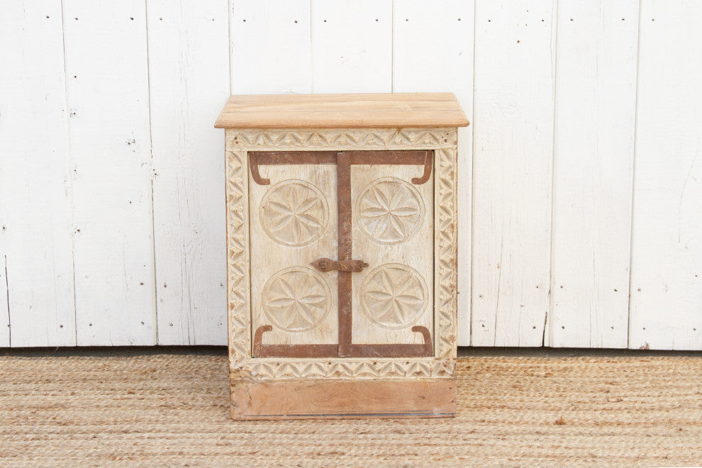 Small Bleached Wood Carved Nightstand