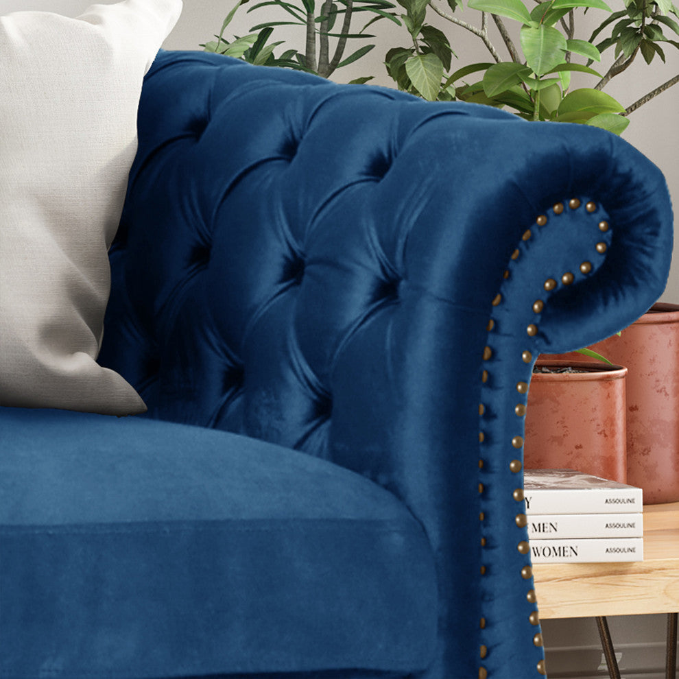 GDF Studio Vita Chesterfield Tufted Jewel Toned Velvet Sofa With Scroll Arms, Navy Blue