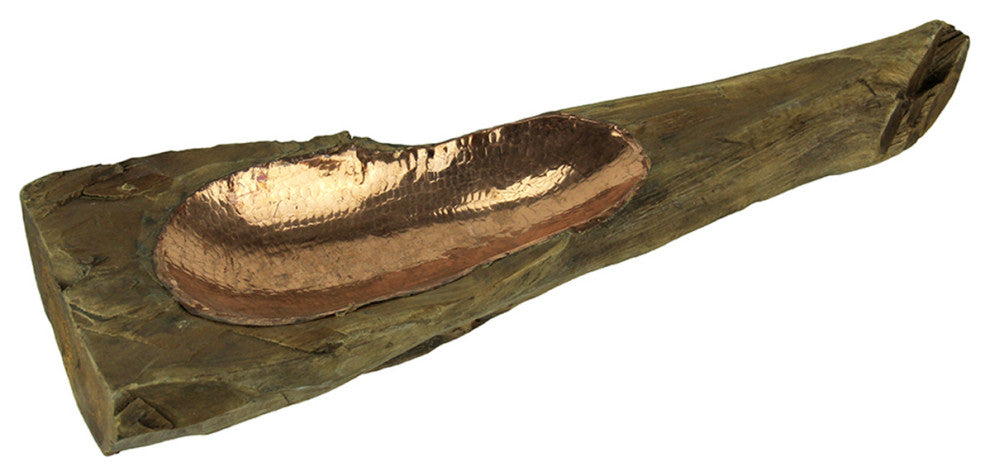 Hand Crafted Teak Wood and Hammered Copper Long Decorative Bowl