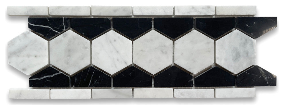 Carrara Marble 2" Hexagon Mosaic Border Listello White Black Polished, 1 sheet