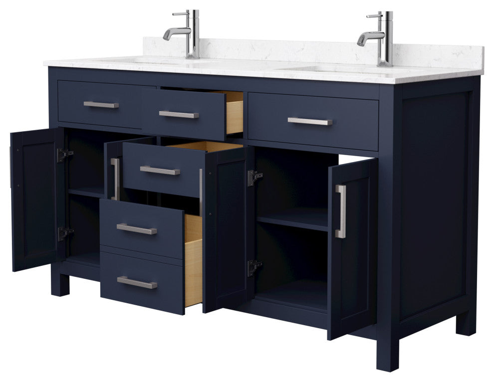 60"DBL Vanity Dark Blue, Carrara Cult. Marble Countertop, Sinks, Nickel Trim