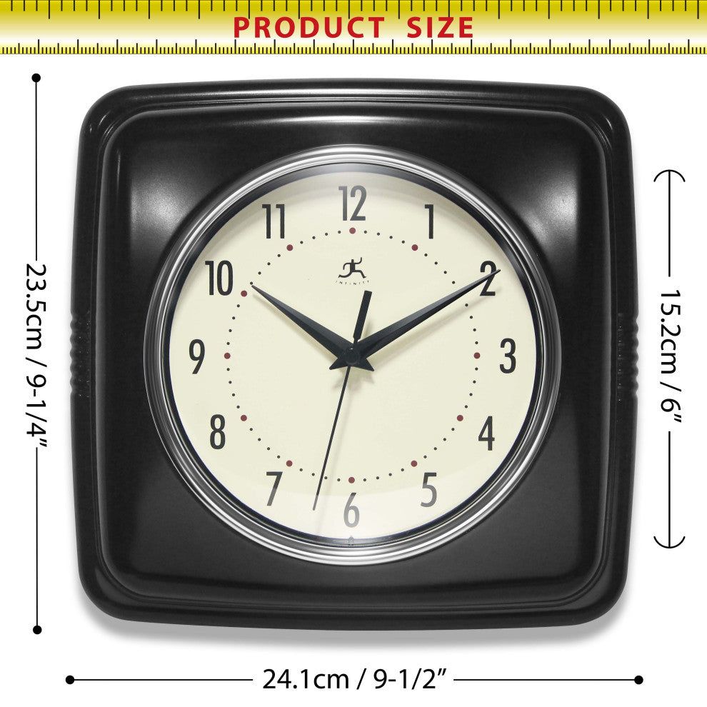 Square Retro Wall Clock, 9.25", Black