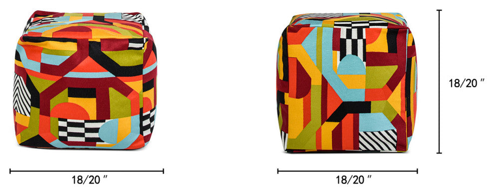 Pouf 23" Oversized Bean Bag Embroidery Cube Ottoman, Colorpop Multicolored