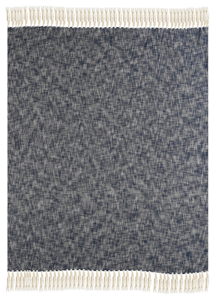Boho Chambray Throw Blanket with Fringe, Navy Blue