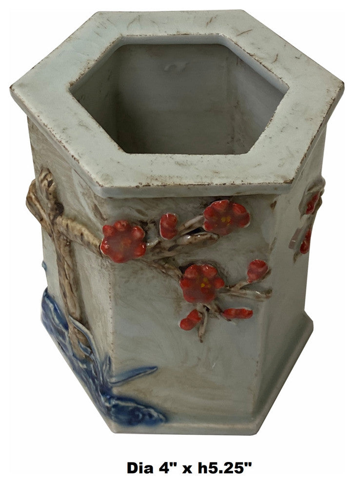 Chinese Distressed White Porcelain Blossom Graphic Hexagon Holder Vase Hws1771