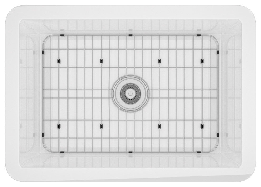 27in Undermount Single Bowl Fireclay Kitchen Sink with Grid and Drainer, Glossy White