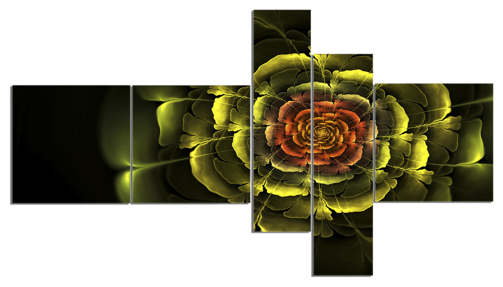 Fractal Yellow Rose in Dark, Floral Canvas Art print, 60"x32", 5 panels