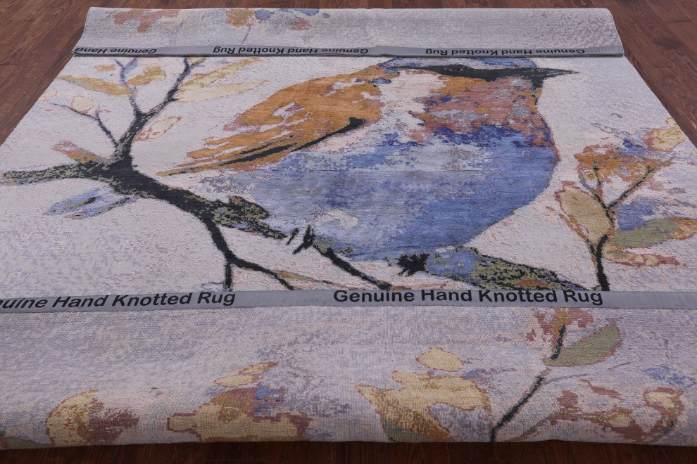 Bird Design Hand-Knotted Wool and Silk Rug 7' 11" X 10' 0" Q8695