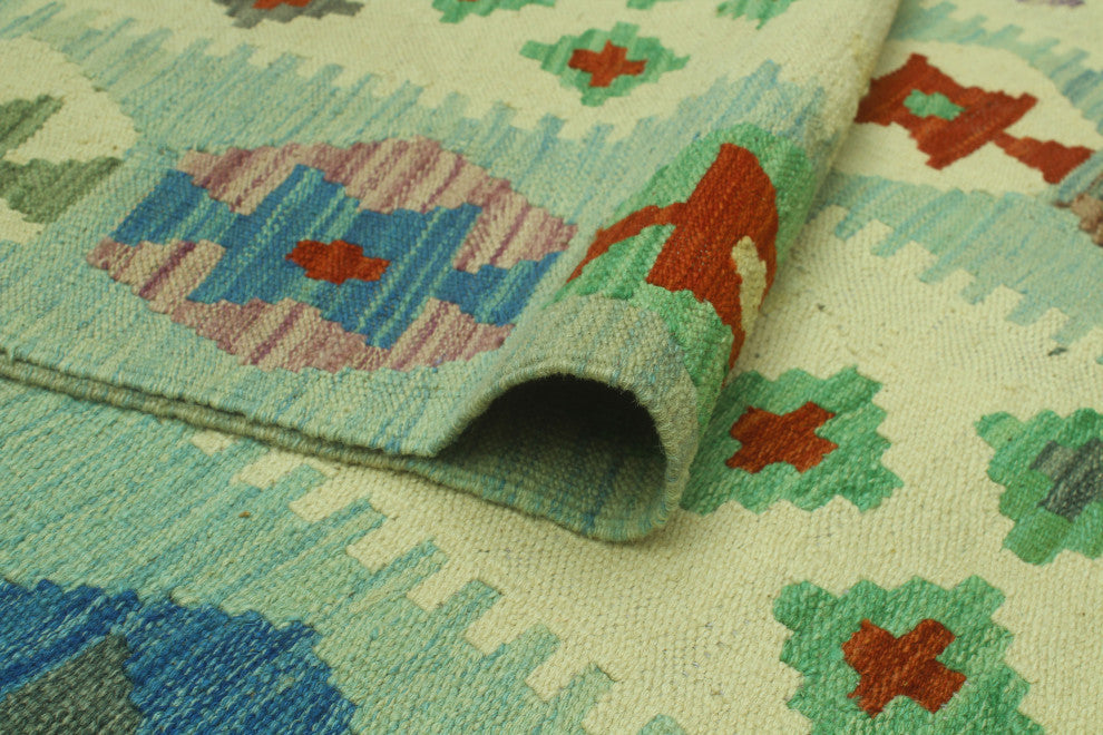 Sangat Kilim Steven Ivory/Light Blue Rug, 8'0x11'4