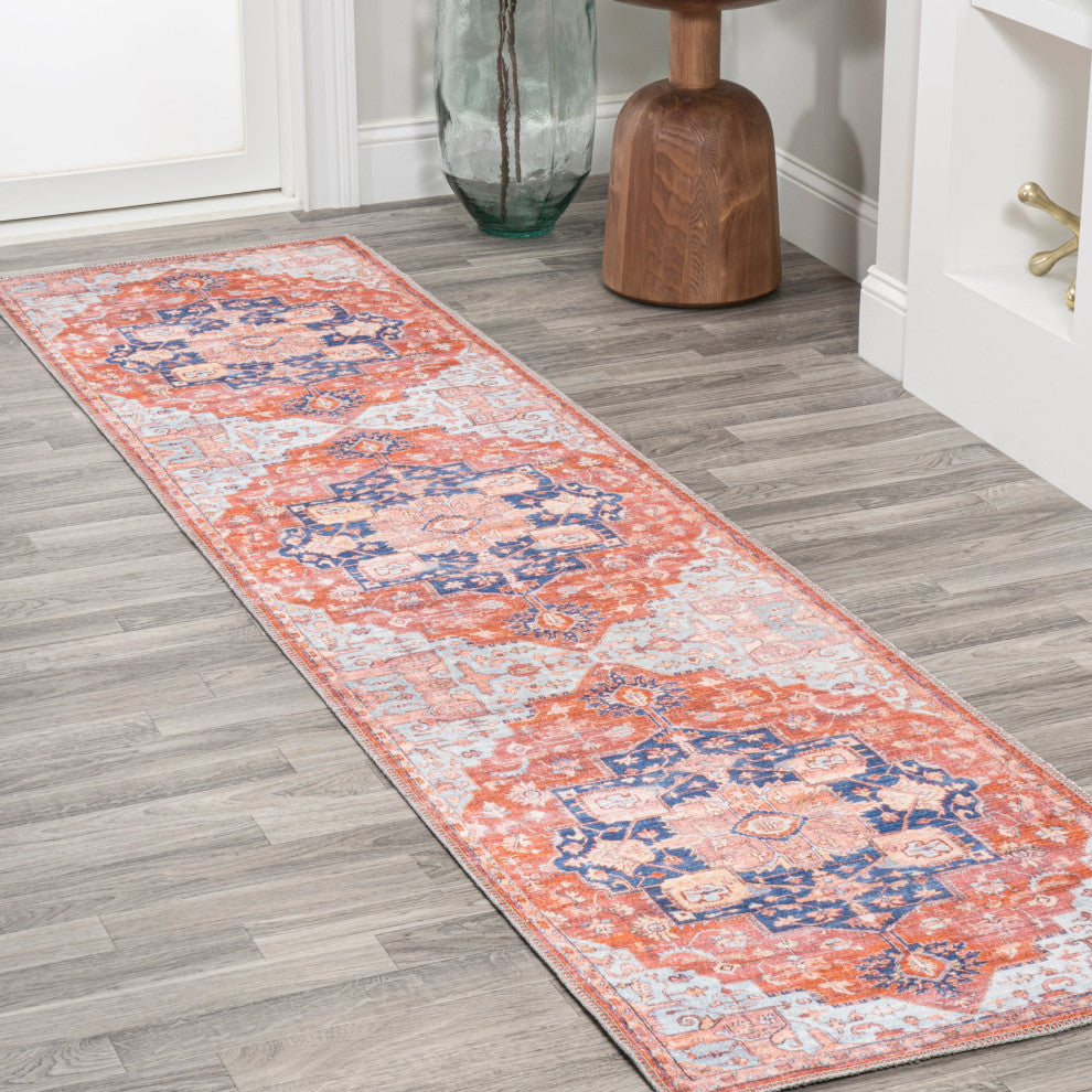 Maris Ornate Medallion Machine Washable Indoor Area Rug, Orange/Cream, 2 X 8