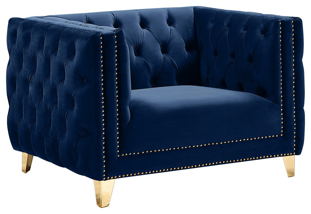 Michelle Fabric Upholstered Chair, Gold Iron Legs, Navy, Velvet, Chair