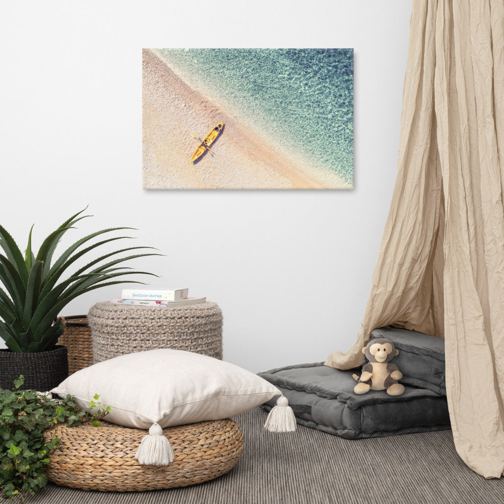 Yellow Canoe and Blue Sea by with Soft Violet Effect Canvas Wall Art Prints, 24" X 36"
