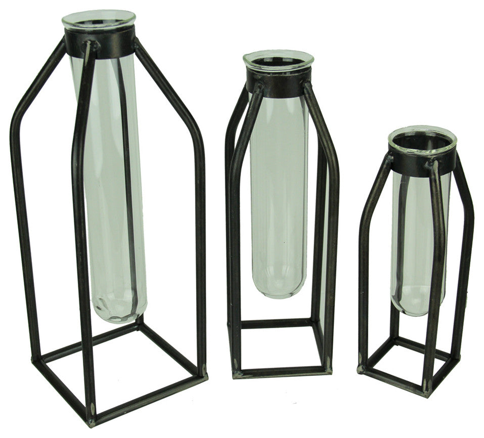 Modern Art Glass Tube Bud Vase with Metal Cage Frame Set of 3
