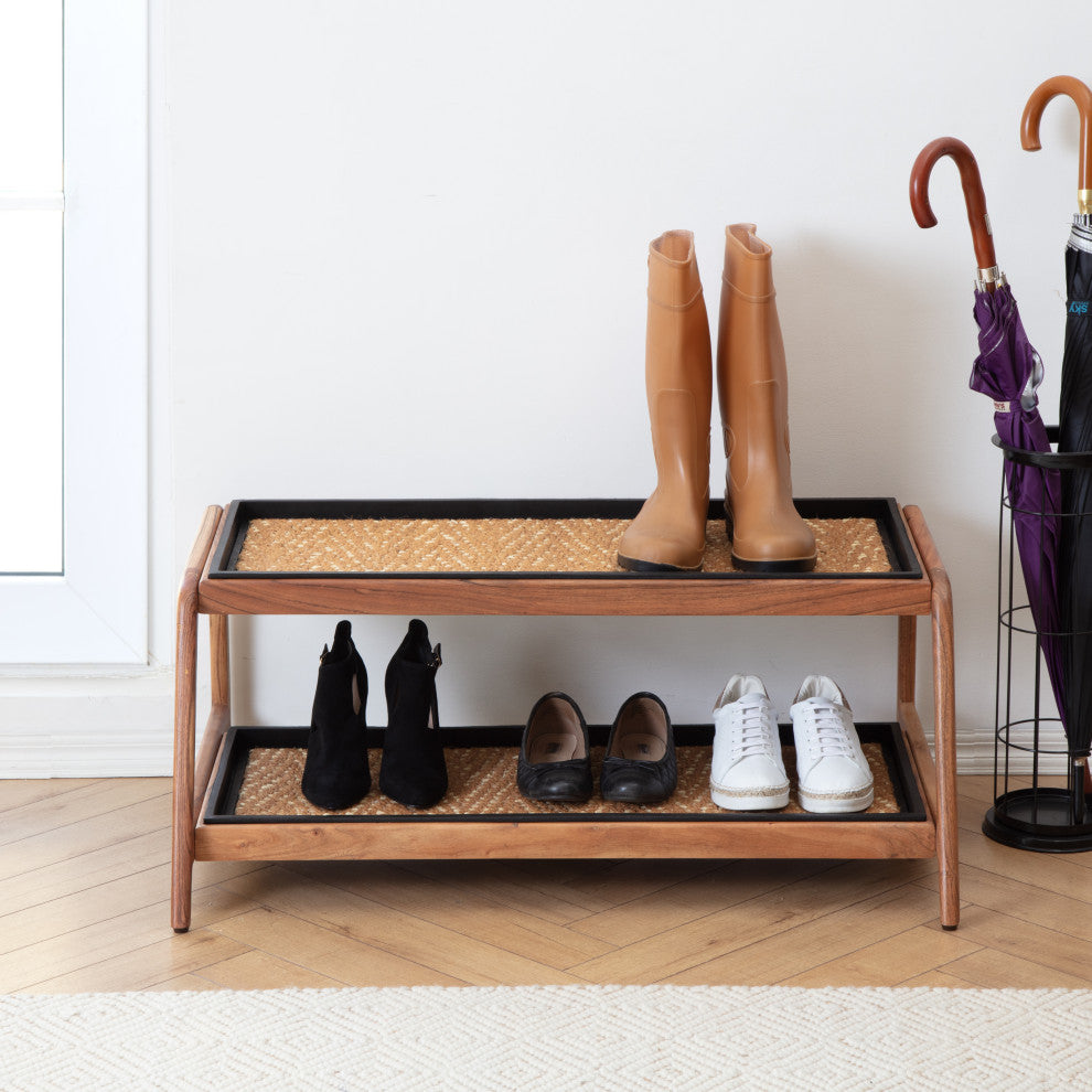 Double-Tier Natural Stand With 3-Pair Rubber Boot Trays Mersey