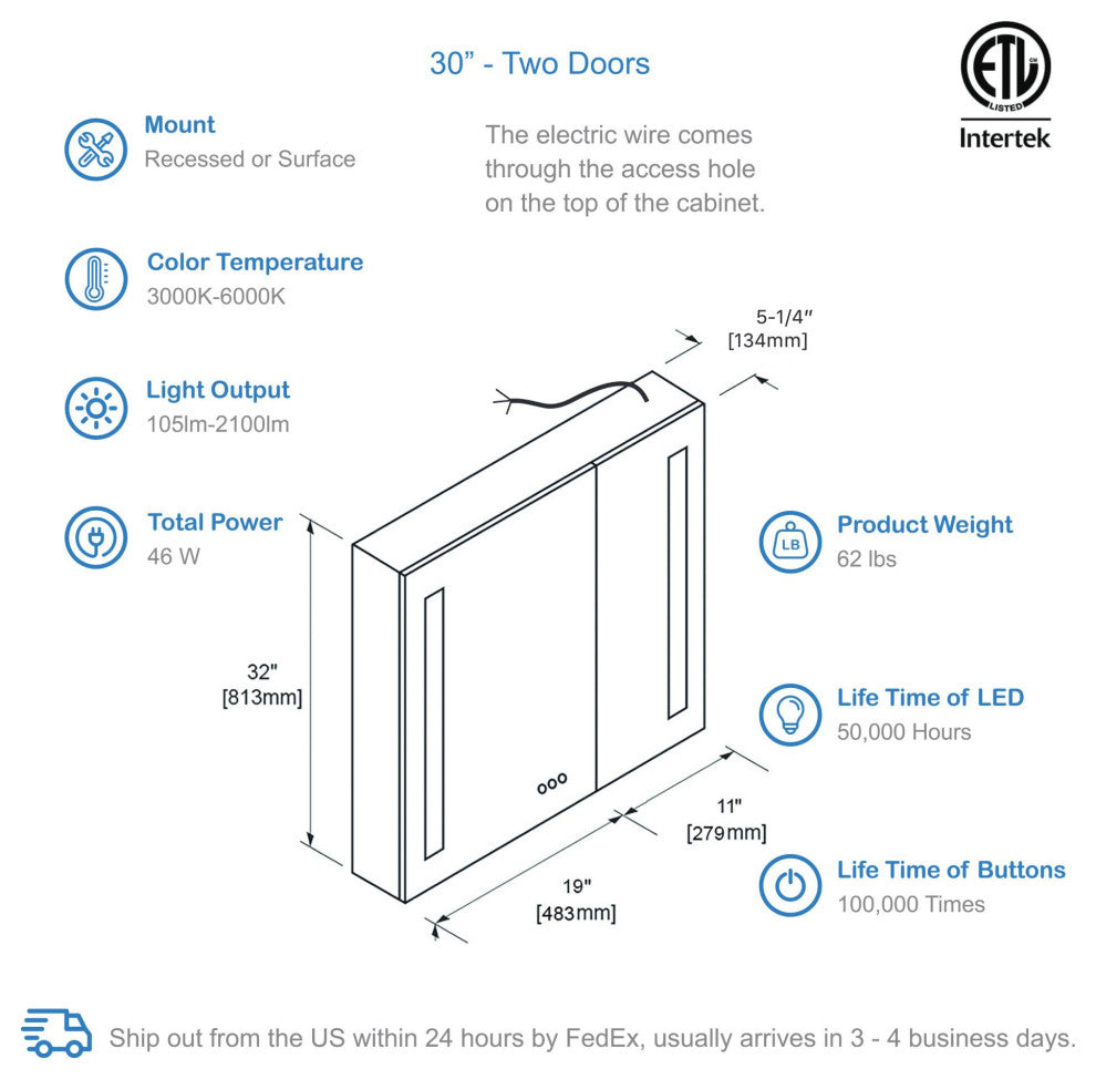 LED Mirror Medicine Cabinet With Defogger, Dimmer and Outlets, 30x32