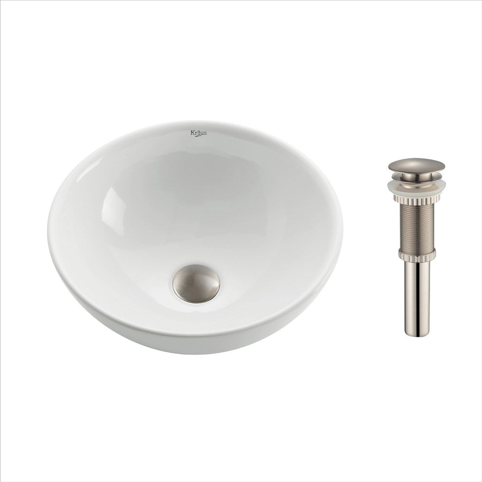 Elavo Ceramic Round Vessel White Sink, PU Drain Satin Nickel