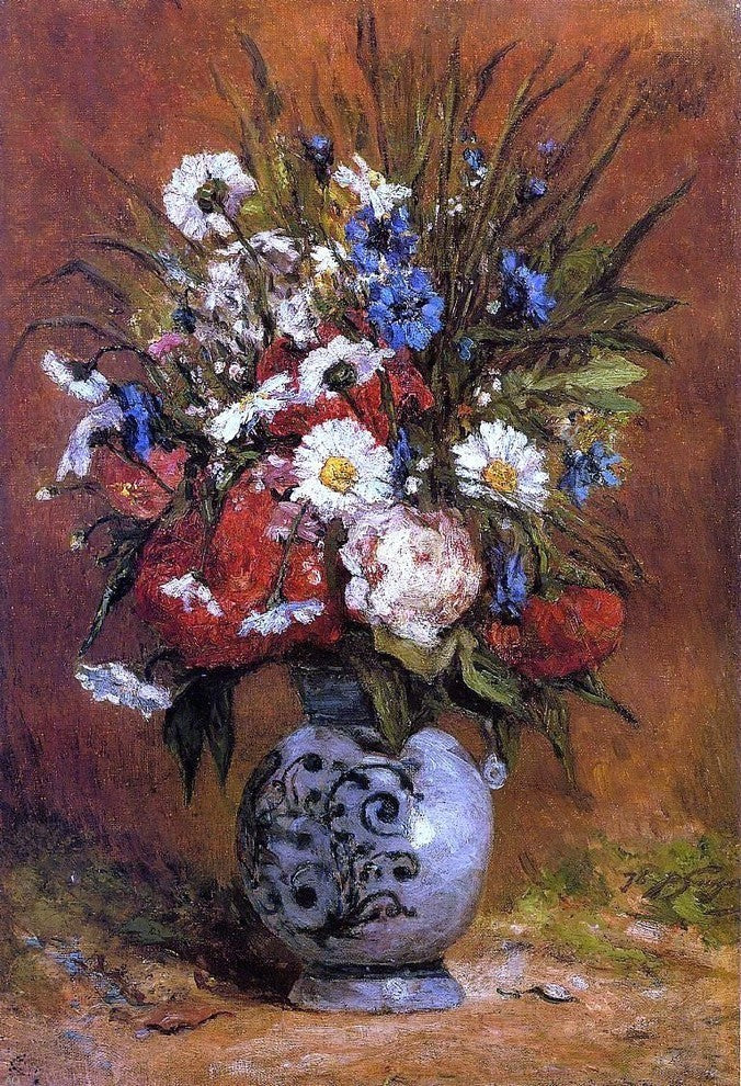 Paul Gauguin Daisies and Peonies in a Blue Vase Premium Canvas Print